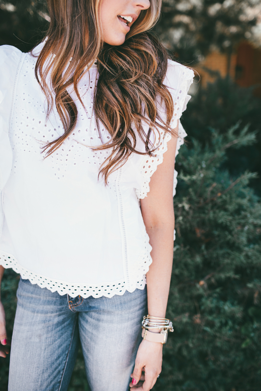 White short sleeved eyelet top with lace trim