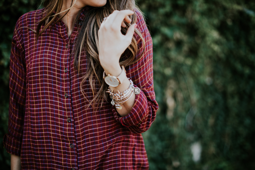 red flannel paired with alex and ani bracelets and arvo watch
