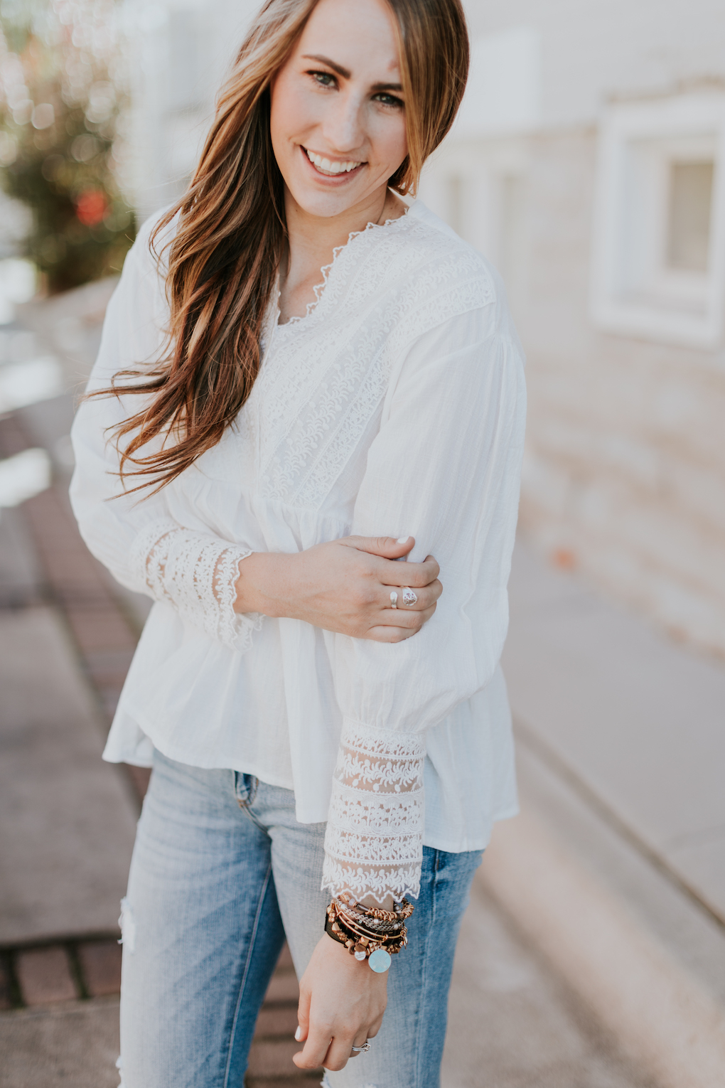white long sleeve lace detail top
