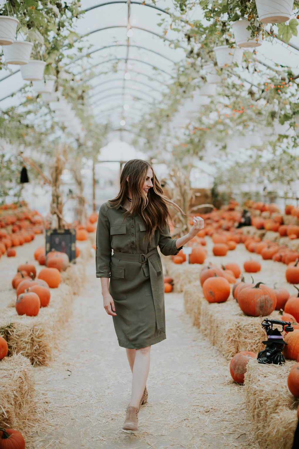 Girl standing in green house pumpkin patch with a green military style midi dress on with long brown caramel hair in loose curls and black cut out booties on