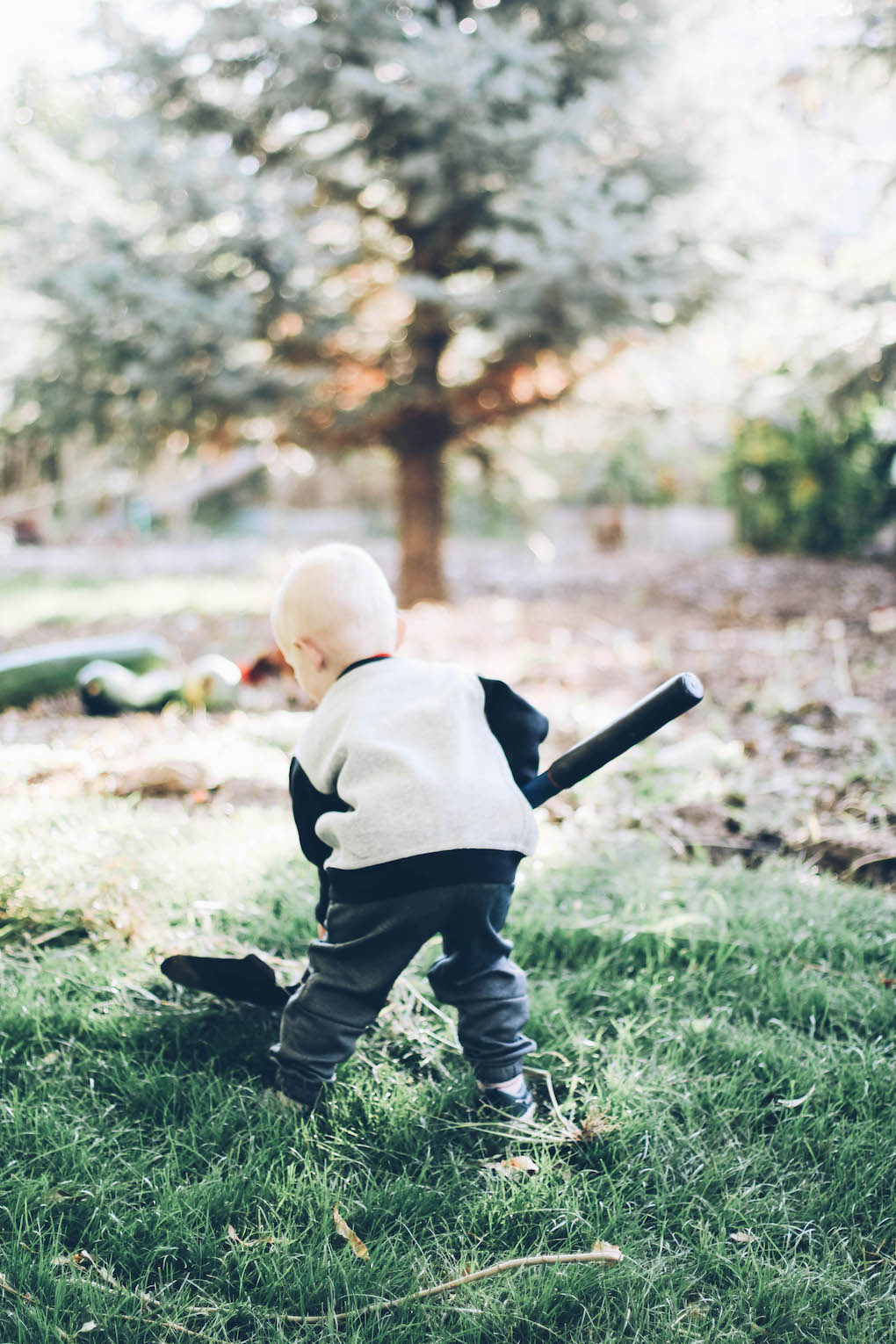 little boy working in the yard with a shovel and playing in the grass