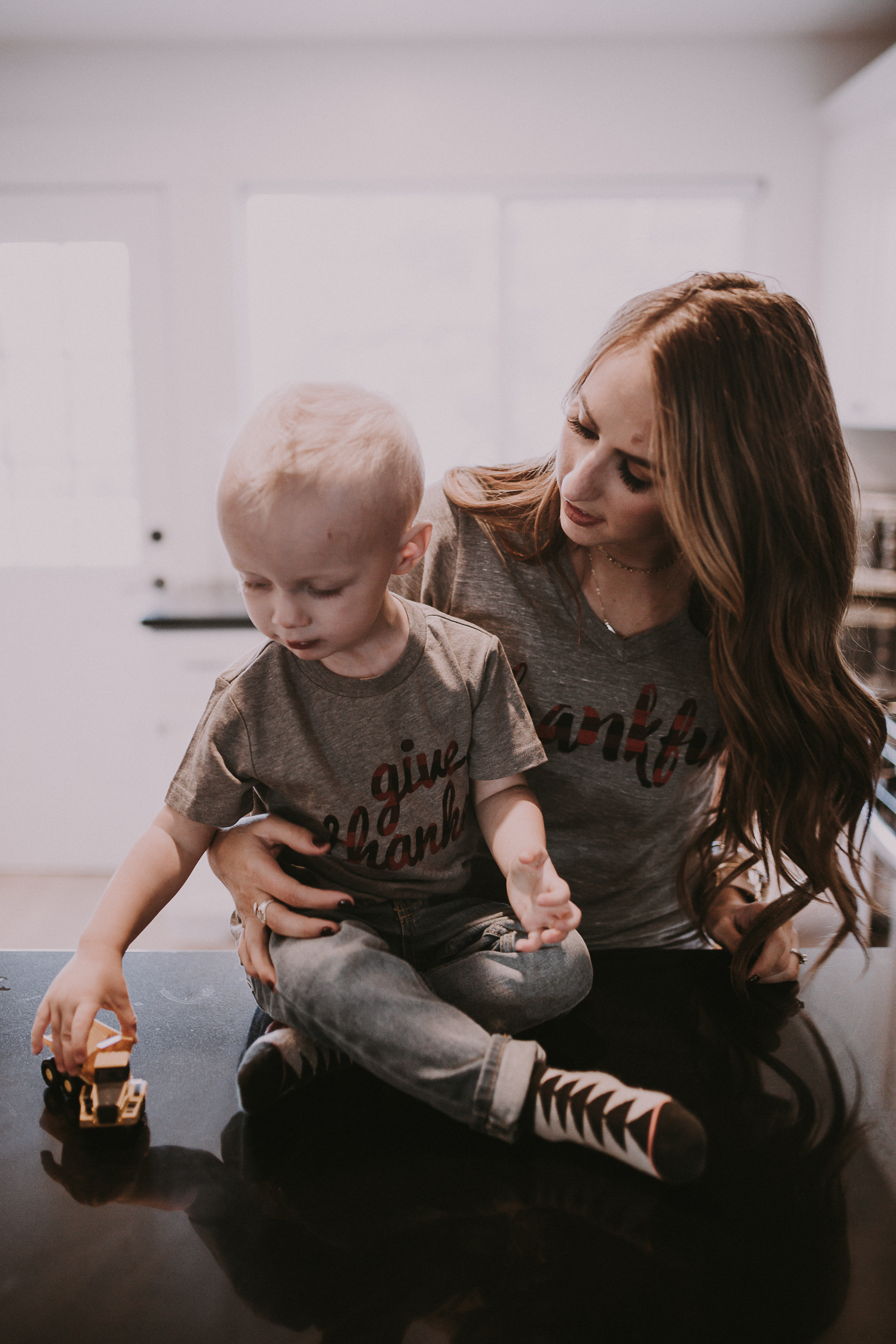 mom and little boy in thanksgiving grateful thankful give thanks tees