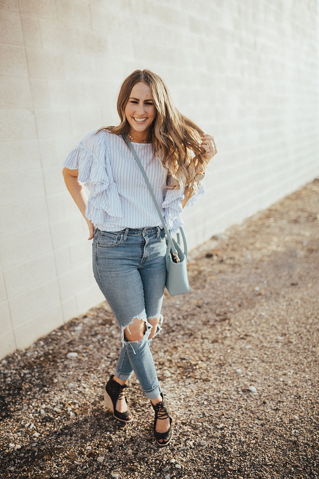 Blue Striped Flutter Sleeve Top by Utah fashion blogger Dani Marie